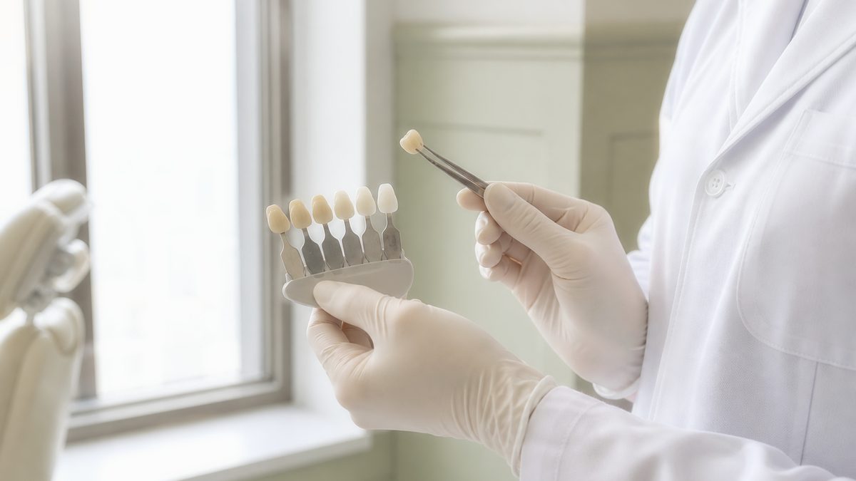 Matching a crown against a shade guide at Yonsei The Strong Dental Clinic