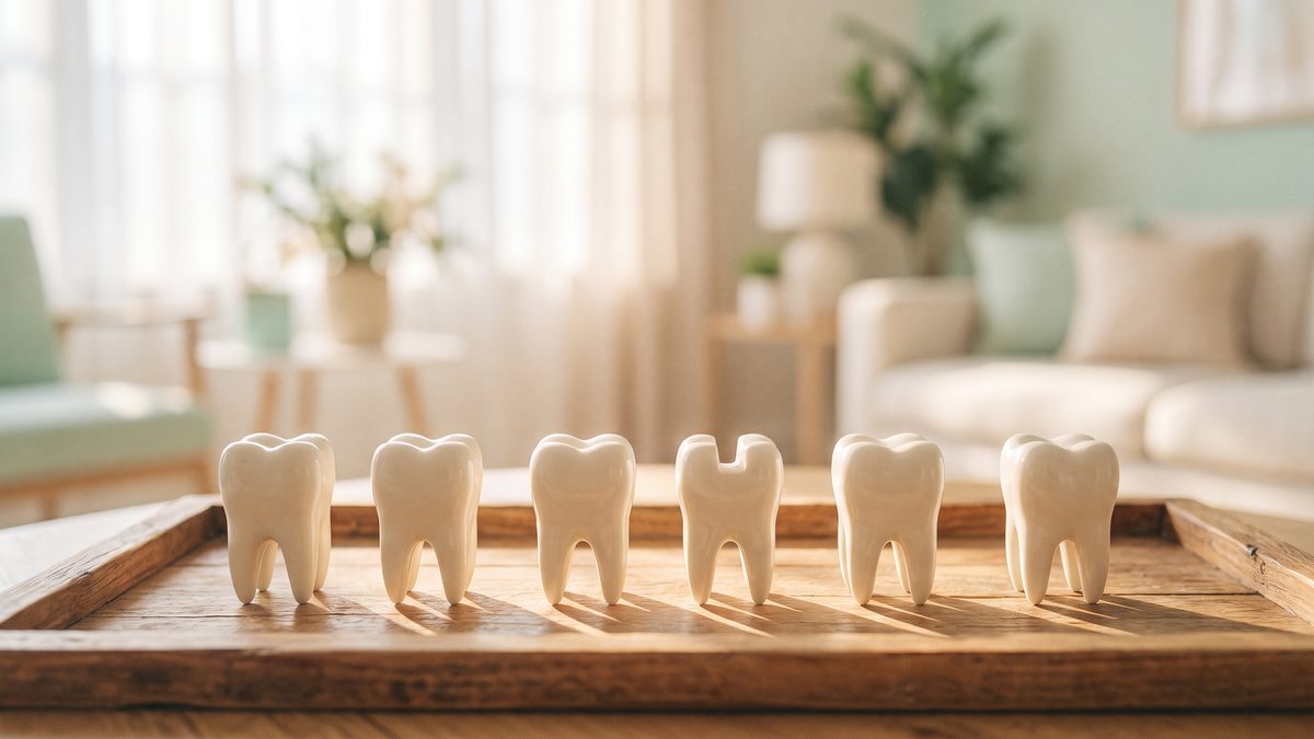 Tooth models standing in a row on a wooden tray, with a slight gap between the front two