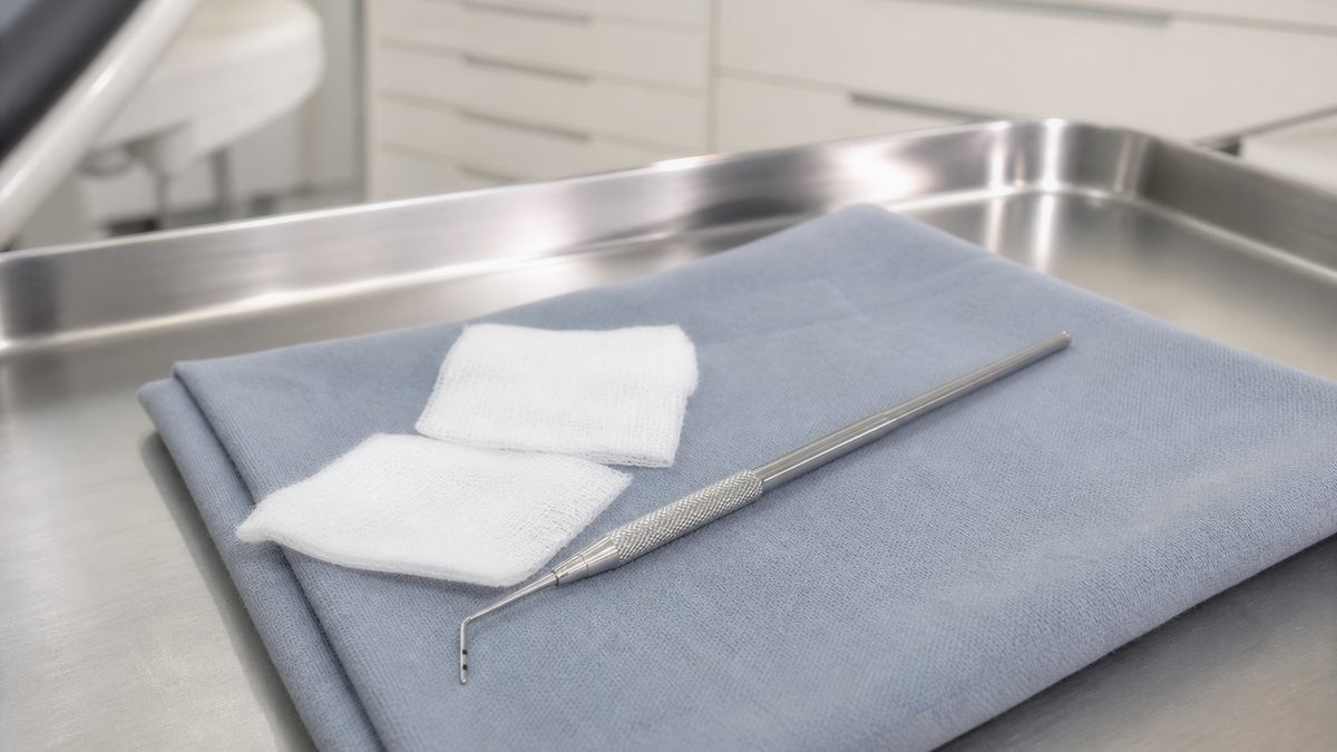 A periodontal probe and gauze at Yonsei The Strong Dental Clinic — preparing a gum examination