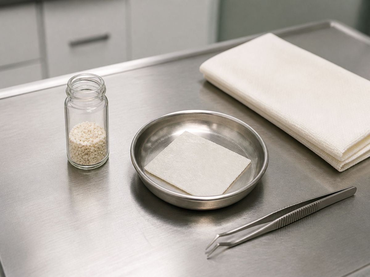 Bone graft material, a barrier membrane and sterile gauze on a surgical preparation tray at Yonsei The Strong Dental Clinic