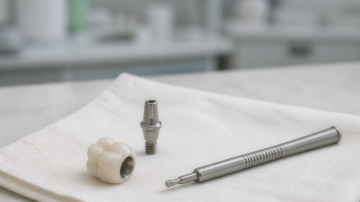 An implant abutment, zirconia crown and torque driver laid out on a preparation tray at Yonsei The Strong Dental Clinic