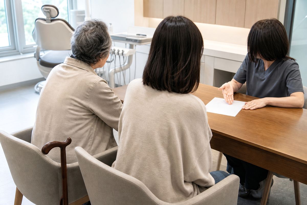 An elderly patient and family member in consultation together — Yonsei The Strong Dental Clinic