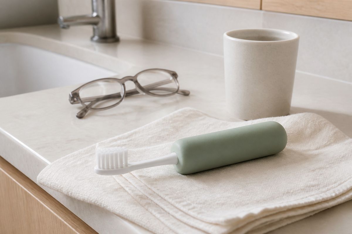 A toothbrush with a thick grip fitted to an elderly hand — changing the tools is part of the treatment