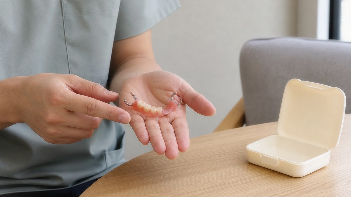Explaining a partial denture held in the palm during a consultation at Yonsei The Strong Dental Clinic