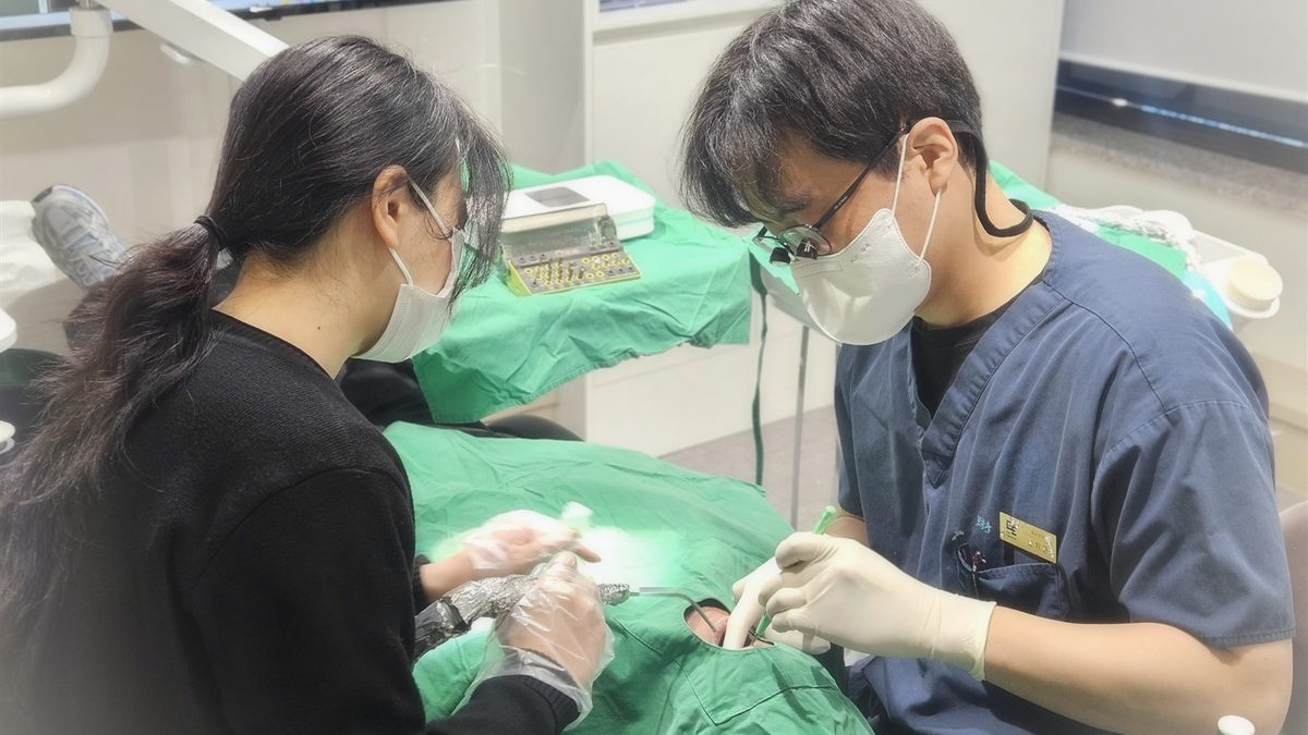 임플란트 수술 중 협진하는 의료진 — 연세더튼튼치과 도봉역