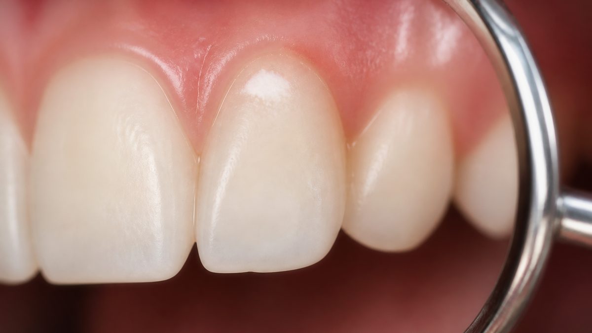 A white spot on a front tooth surface seen with a dental mirror — an early demineralisation check record